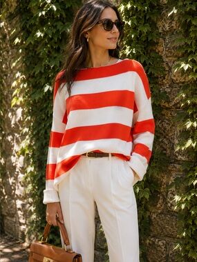CYRUS Coastal Chic Preppy Nautical Orange and Cream Rib Knit Striped Sweater, M